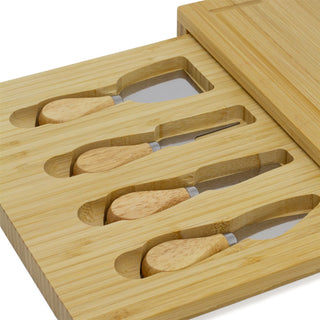 Bamboo Cheese Board with Knives Set | Wooden Cheese Serving Platter - 30x30cm