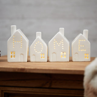 Set of 4 LED Houses | Mini White Ceramic Light Up House Ornaments - Home