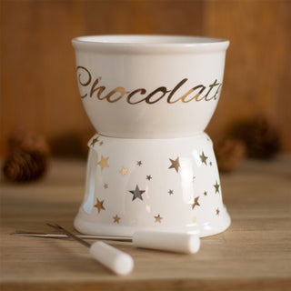 Chocolate Fondue Set | White Ceramic Tea Light Candle Fondue Pot with 2 Forks