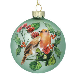 Robin Redbreast Bauble | Green Glass Christmas Tree Hanging Ornament - 8cm