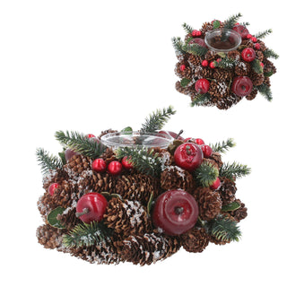 Christmas Tealight Candle Holder | Pinecone & Fruit Wreath Centrepiece - 16cm