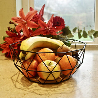 Geometric Design Black Wire Fruit Bread Basket Bowl With Wooden Base