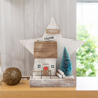 Rustic Happy Home Ornament | Charming Wooden House with Festive Star - 17cm