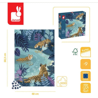 Janod Tiger Gathering Puzzle | 1000 Piece Moonlight Tigers Jigsaw | Age 9+