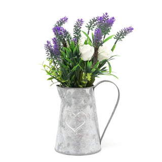 Artificial Ivory Rose And Lavendar In Metal Heart Jug Floral Arrangement Display