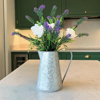 Artificial Ivory Rose And Lavendar In Metal Heart Jug Floral Arrangement Display