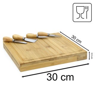 Bamboo Cheese Board with Knives Set | Wooden Cheese Serving Platter - 30x30cm