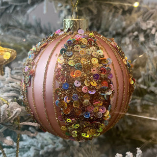 Matt Pink Bauble with Sequins | Luxury Christmas Tree Hanging Ornament - 8cm