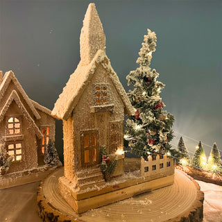 LED Wooden Christmas House with Tree | Snow-Covered Light Up Village House 44cm