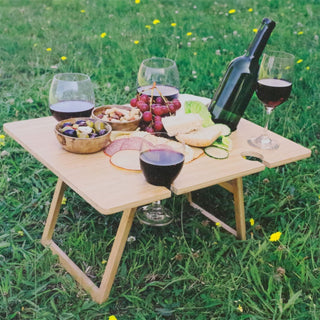 Bamboo Folding Wine Picnic Table | Portable Outdoor Wine & Cheese Table 48x38cm