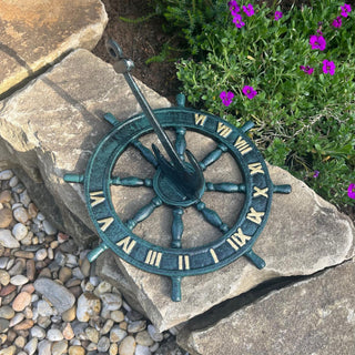 Nautical Cast Iron Garden Sundial | Metal Outdoor Sundial Ship Wheel Anchor Ornament - 23cm