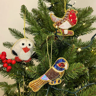 Bird Christmas Bauble Pack | Beaded Robin, Owl & Parrot Tree Ornaments - 10cm