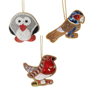 Bird Christmas Bauble Pack | Beaded Robin, Owl & Parrot Tree Ornaments - 10cm