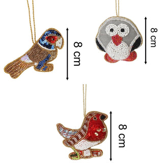 Bird Christmas Bauble Pack | Beaded Robin, Owl & Parrot Tree Ornaments - 10cm