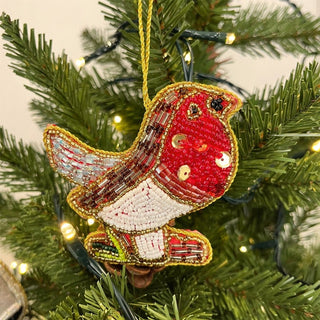 Bird Christmas Bauble Pack | Beaded Robin, Owl & Parrot Tree Ornaments - 10cm