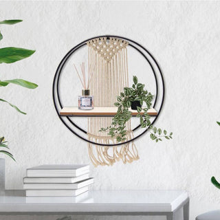 Black Metal And Macrame Round Wall Shelf | Wall Mounted Display Shelf