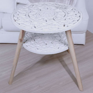 Boho Round Wooden Side Table | Mandala Design Rustic White Accent Table - 50x45cm