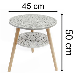 Boho Round Wooden Side Table | Mandala Design Rustic White Accent Table - 50x45cm