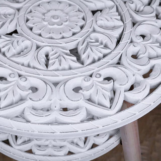 Boho Round Wooden Side Table | Mandala Design Rustic White Accent Table - 50x45cm