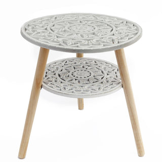 Boho Round Wooden Side Table | Mandala Design Rustic White Accent Table - 50x45cm