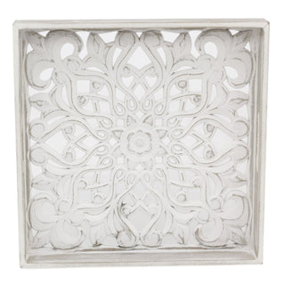 Whitewashed Carved Square Tray | Shabby Chic Display Tray | Ornate Wooden Tray - 36cm