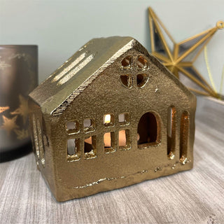 Gold Metal House Shaped Tealight Candle Holder | Christmas Tea Light House