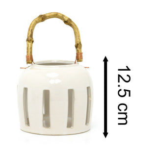 Ceramic Candle Lantern With Bamboo Handle | Hanging Tealight Holder - 13x13cm