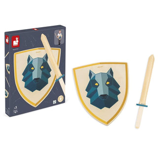 Janod Wooden Sword & Shield Set | Wolf Design | Kid's Pretend Play Fancy Dress