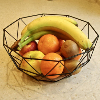 Geometric Design Black Wire Fruit Bread Basket Bowl With Wooden Base