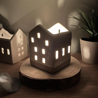 Ceramic House Shaped with Natural Base | Christmas Tealight Candle Holder