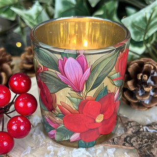 Red Magnolia Tealight Holder | Round Glass Christmas Candle Holder - 7cm