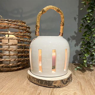 Ceramic Candle Lantern With Bamboo Handle | Hanging Tealight Holder - 13x13cm