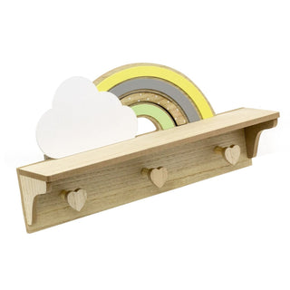 Childrens Wooden Rainbow Shelf with 3 Heart Shaped Hooks | Baby Nursery Decor