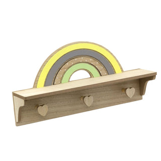 Childrens Wooden Rainbow Shelf with 3 Heart Shaped Hooks | Baby Nursery Decor