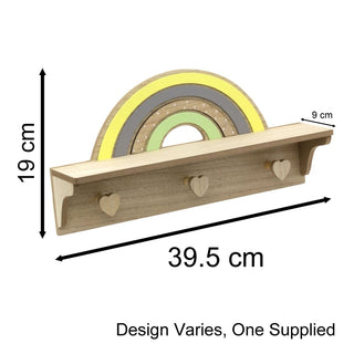 Childrens Wooden Rainbow Shelf with 3 Heart Shaped Hooks | Baby Nursery Decor