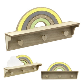 Childrens Wooden Rainbow Shelf with 3 Heart Shaped Hooks | Baby Nursery Decor