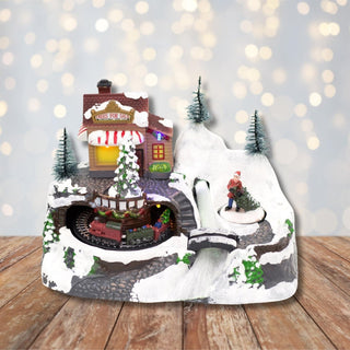 Christmas Scene With Moving Train Xmas Model Village | Light Up LED Animated Christmas Village Ornament | Design Varies One Supplied