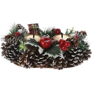 Christmas Wreath Double Candle Holder | Berry & Pinecone Candle Holder - 25cm