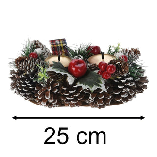 Christmas Wreath Double Candle Holder | Berry & Pinecone Candle Holder - 25cm