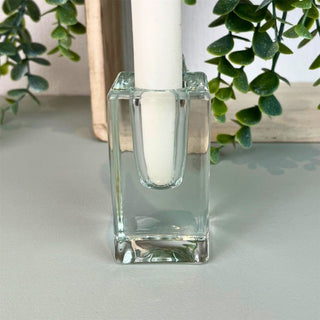 Clear Glass Candlestick | Square Glass Taper Dinner Candle Holder - 8cm