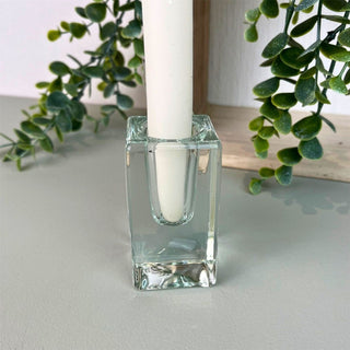 Clear Glass Candlestick | Square Glass Taper Dinner Candle Holder - 8cm