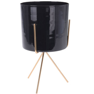 Contemporary Indoor Black Metal Cache Pot With Stand | Decorative Cachepot Planter | Indoor Garden Plant Pot 22.5cm