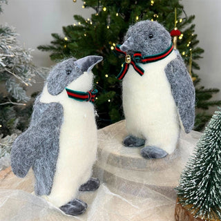 Cosy Wool Penguin Ornament | Adorable Grey Christmas Penguin with Bowtie - 18cm