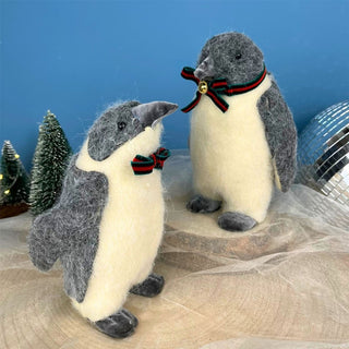 Cosy Wool Penguin Ornament | Adorable Grey Christmas Penguin with Bowtie - 18cm