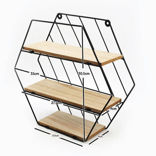 Modern Black Metal Wire Hexagon Wall Shelf | Wall Mounted Multi Shelf Storage Organiser Unit | Wall Display Unit 3 Tier Shelving Unit Shelves For Wall