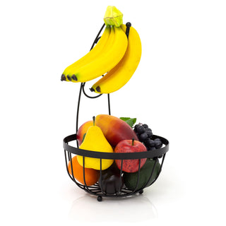 Black Flat Iron Fruit Basket With Banana Hanger | Metal Fruit Bowl With Banana Hook | Wire Vegetable Rack Fruit Bowl With Banana Tree