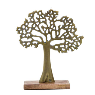 Elegant Gold Tone Tree Of Life Sculpture | Aluminium Tree Ornament Jewellery Stand | Gold Metal Tree Decorative Ornament On Wooden Base