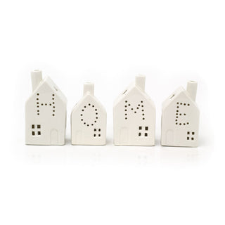 Set of 4 LED Houses | Mini White Ceramic Light Up House Ornaments - Home