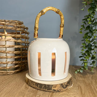 Ceramic Candle Lantern With Bamboo Handle | Hanging Tealight Holder - 13x13cm