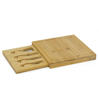 Bamboo Cheese Board with Knives Set | Wooden Cheese Serving Platter - 30x30cm